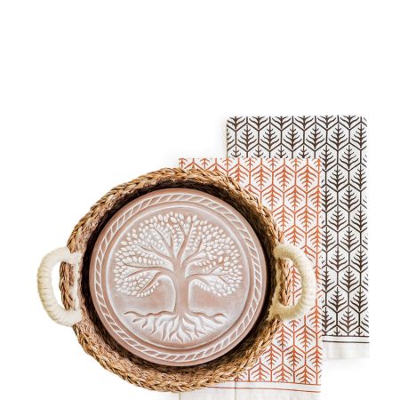 Bread Warmer & Basket Gift Set with Tea Towel - Tree of Life Round