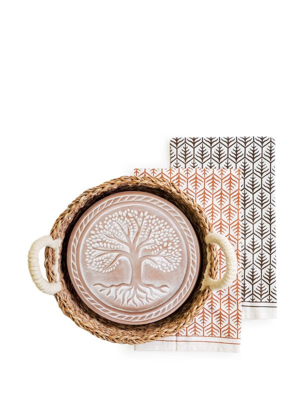 Bread Warmer & Basket Gift Set with Tea Towel - Tree of Life Round