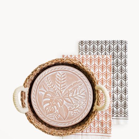 Bread Warmer & Basket Gift Set with Tea Towel - Plant Round