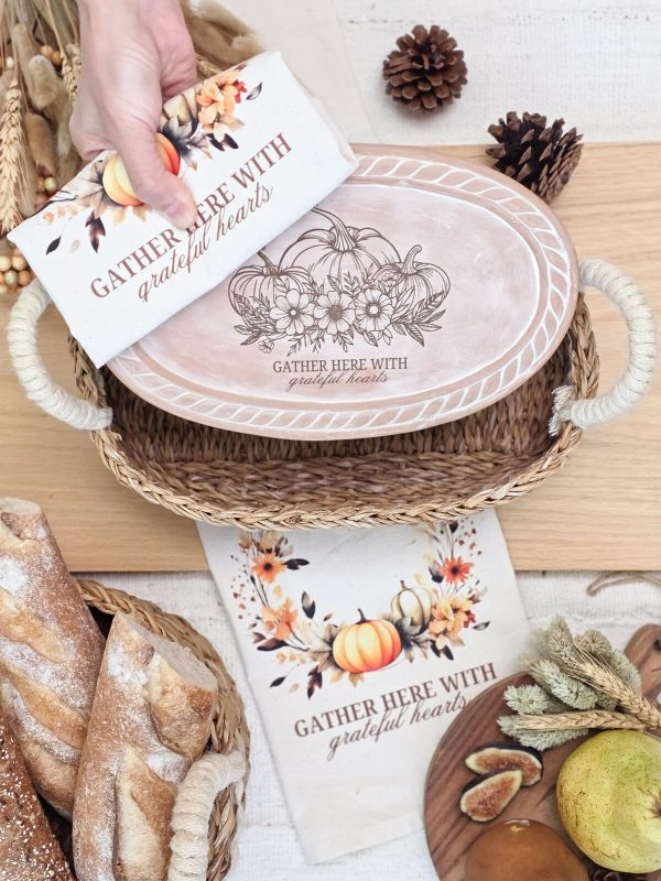 Bread Warmer & Basket Gift Set with Tea Towel - Pumpkin Oval - Image 2