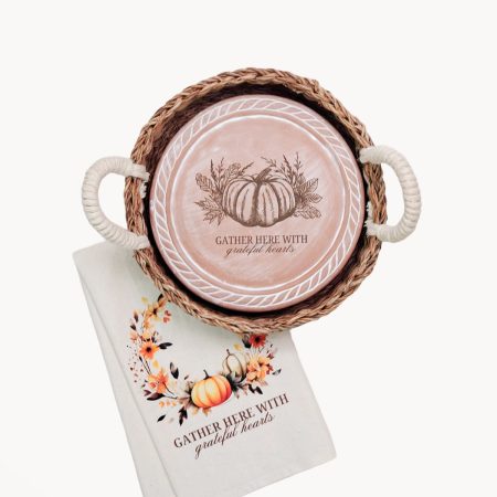 Bread Warmer & Basket Gift Set with Tea Towel - Pumpkin Round