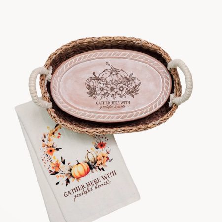 Bread Warmer & Basket Gift Set with Tea Towel - Pumpkin Oval