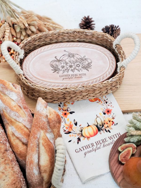Bread Warmer & Basket Gift Set with Tea Towel - Pumpkin Oval - Image 3