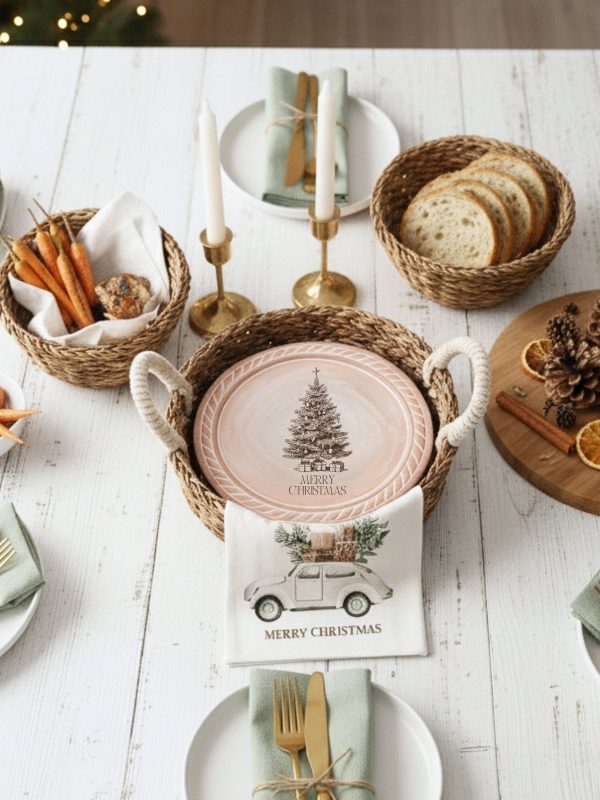 Bread Warmer & Basket Gift Set with Tea Towel - Christmas Tree Round - Image 3