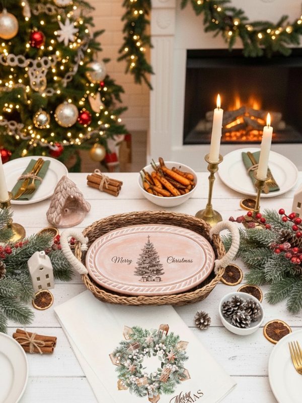 Bread Warmer & Basket Gift Set with Tea Towel - Christmas Tree Oval - Image 2