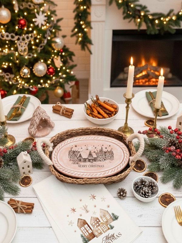 Bread Warmer & Basket Gift Set with Tea Towel - Christmas Village Oval - Image 2