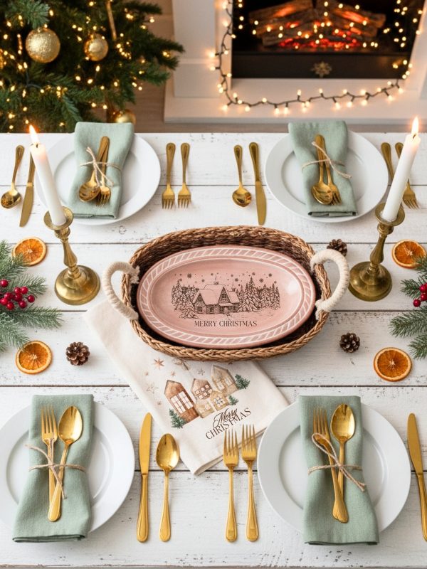 Bread Warmer & Basket Gift Set with Tea Towel - Christmas Village Oval - Image 3