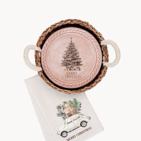 Bread Warmer & Basket Gift Set with Tea Towel - Christmas Tree Round