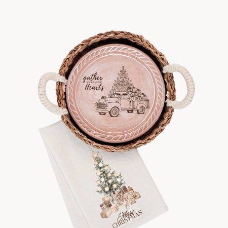 Bread Warmer & Basket Gift Set with Tea Towel - Christmas Truck Round