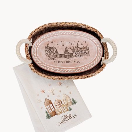 Bread Warmer & Basket Gift Set with Tea Towel - Christmas Village Oval