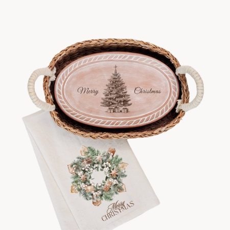 Bread Warmer & Basket Gift Set with Tea Towel - Christmas Tree Oval